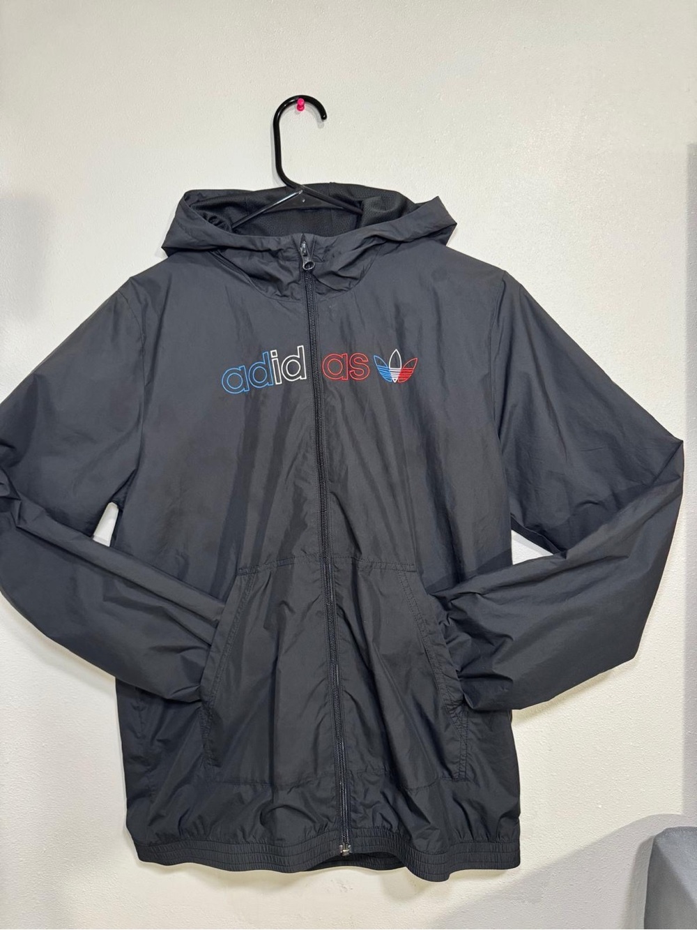 adidas Black Hooded Windbreaker with Red & Blue Logo